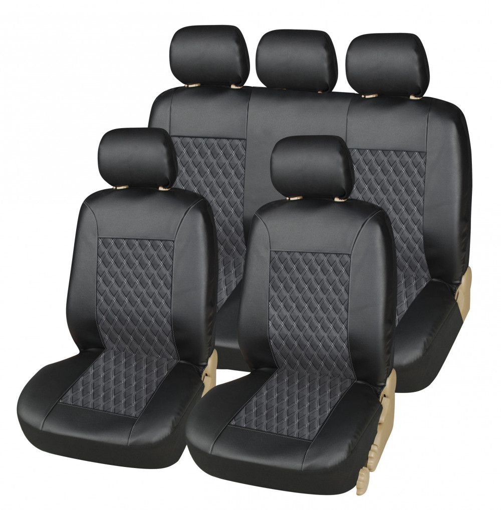 Universal Black Quilted Leather Look 9pc Car Seat Cover Set