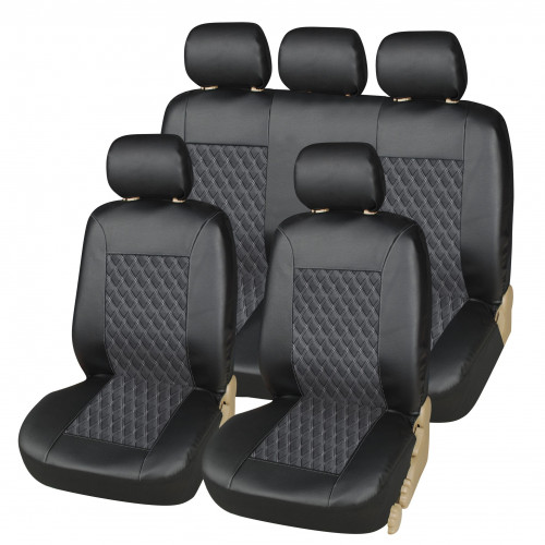 Universal Black Quilted Leather Look 9pc Car Seat Cover Set