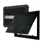 flat campervan window with black blind fly net